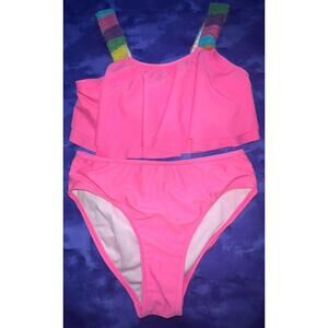 Betsey Johnson Girl's Two Piece Swimsuit Pink Rainbow Straps‎ Size 12